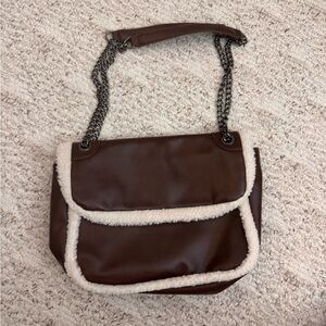 Brown Shearling-Trimmed Shoulder Bag